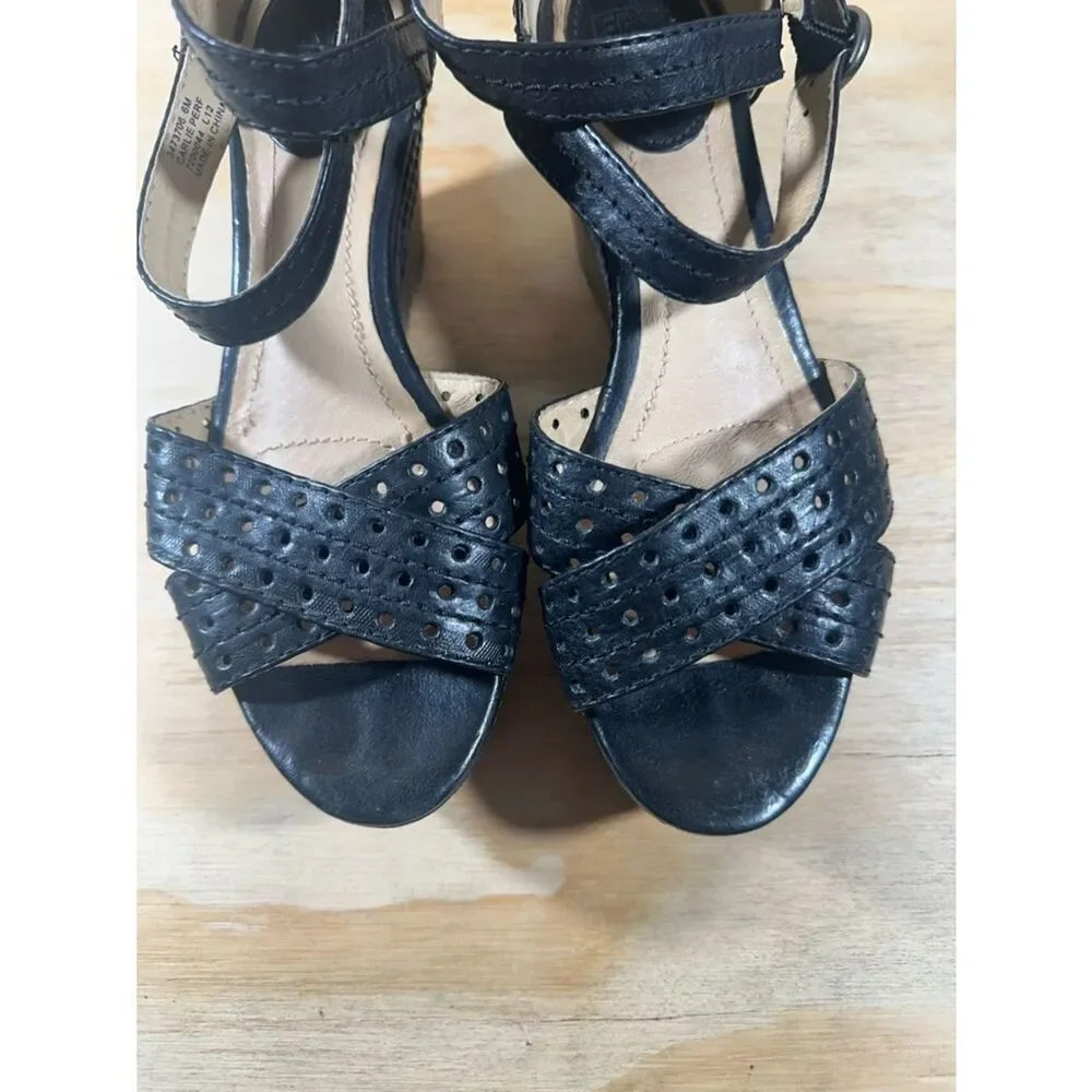 Frye Carlie Black Leather Wedge Sandals Women’s Size 6